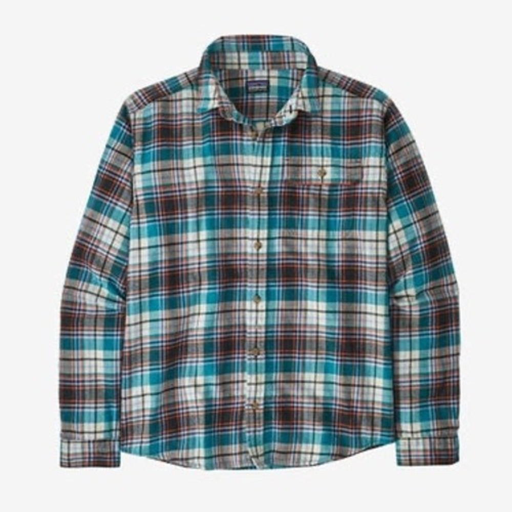 Patagonia Fjord Flannel Shirt Mens Small Teal Blue Orange Plaid Organic Cotton